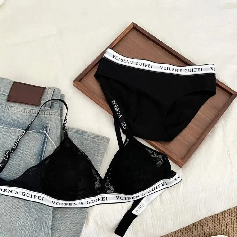 Comfortable Letter Design Lingerie Set Lace Deep V Women Underwear Suit Wireless Color Blocking Bra Panties Set Gift — image 3