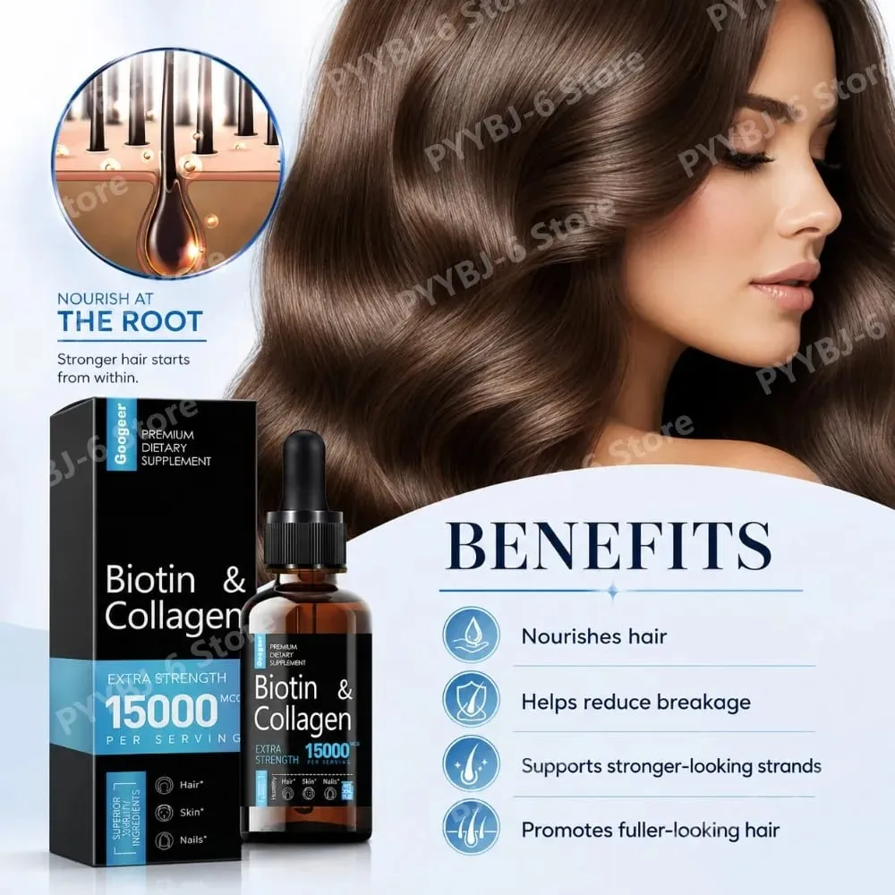 Googeer Biotin Collagen Drops 15000 Mcg Per Serving 30ml 1 Fl Oz Bottle with Ginseng and Licorice Extracts Supports Hair Care