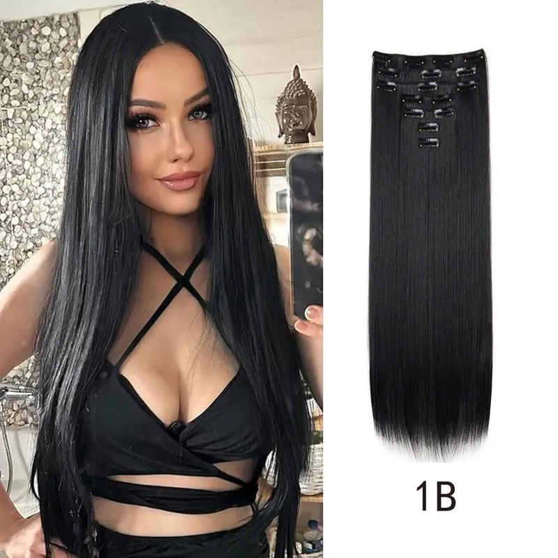 Synthetic 24inch Clips in Hair Extensions Long Straight Hairstyle Blonde Black Hairpieces Heat Resistant False Hair Daily Use