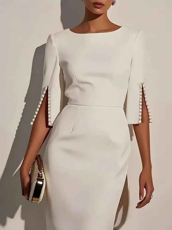 Women's Solid Color Pencil Midi Dress - Pearl Embellished Half Sleeve O-Neck Elegant Office Wear — image 4