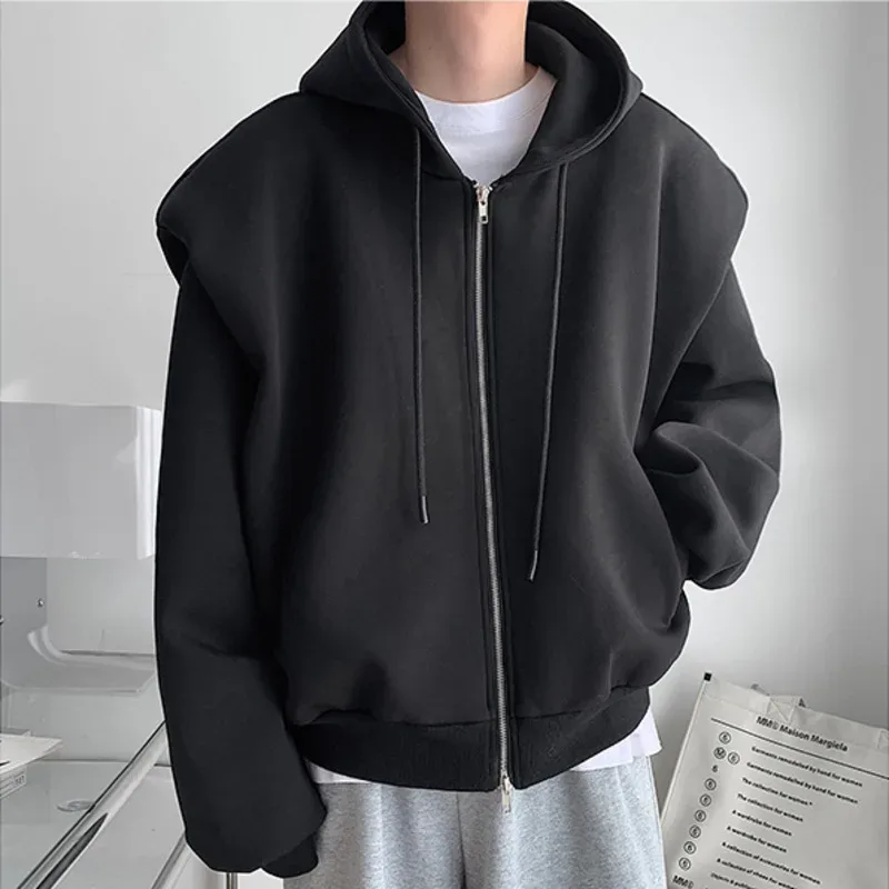 Autumn New Padded Shoulder Design Solid Streetwear Men Double Zip-up Hooded Sweatshirts Harajuku Casual Daily Hoodies