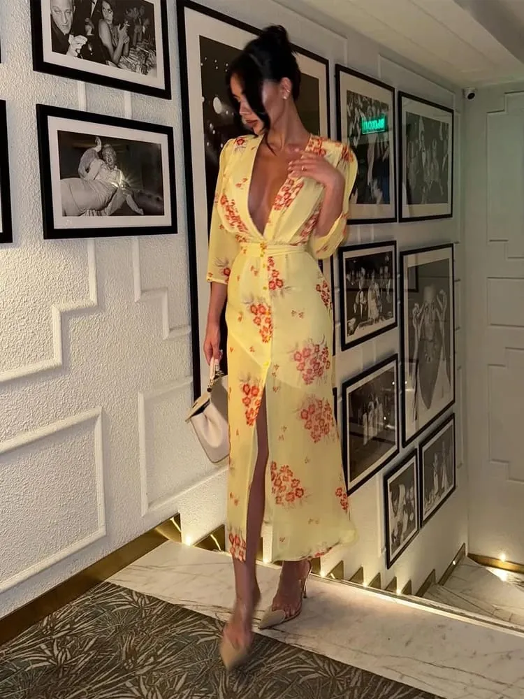 Chic Puff Sleeve Flora Printed Maxi Dress V-neck Waist Cinching Split Elegant Women's Dresses for Party 2026 Female Clothing New