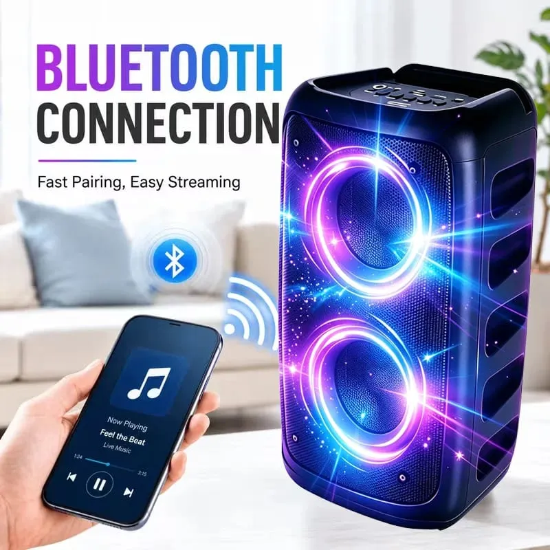 9900Hz Propesyonal na Malaking Bluetooth Speaker na may Microphone Portable na Disenyong Nagtatampok ng Subwoofer Party Box LED Lights Compatible sa BT/USB/TF/AUX/FM/TWS/MIC/EQ Functions Professional Karaoke. Tamang-tama na Regalo para sa Kaarawan Pasko at Bagong Taon
