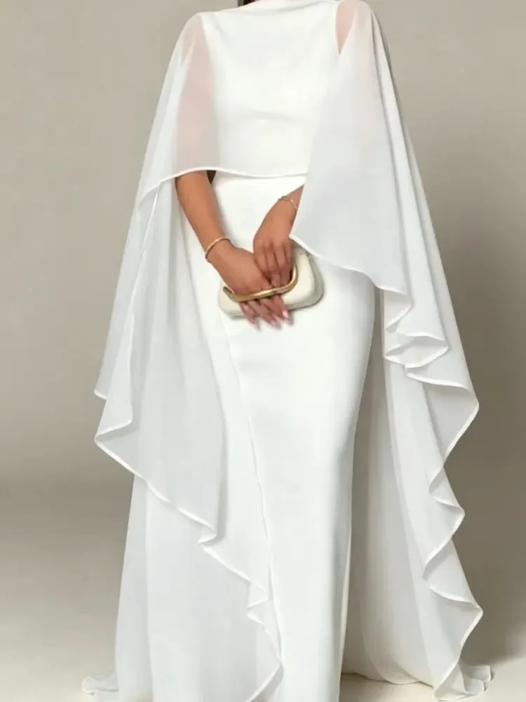 Sheer Cape Round Neck Maxi Dress For Woman Open Back Solid Plain Design Skirt Elegant Wedding Formal Evening Female Long Robes — image 6