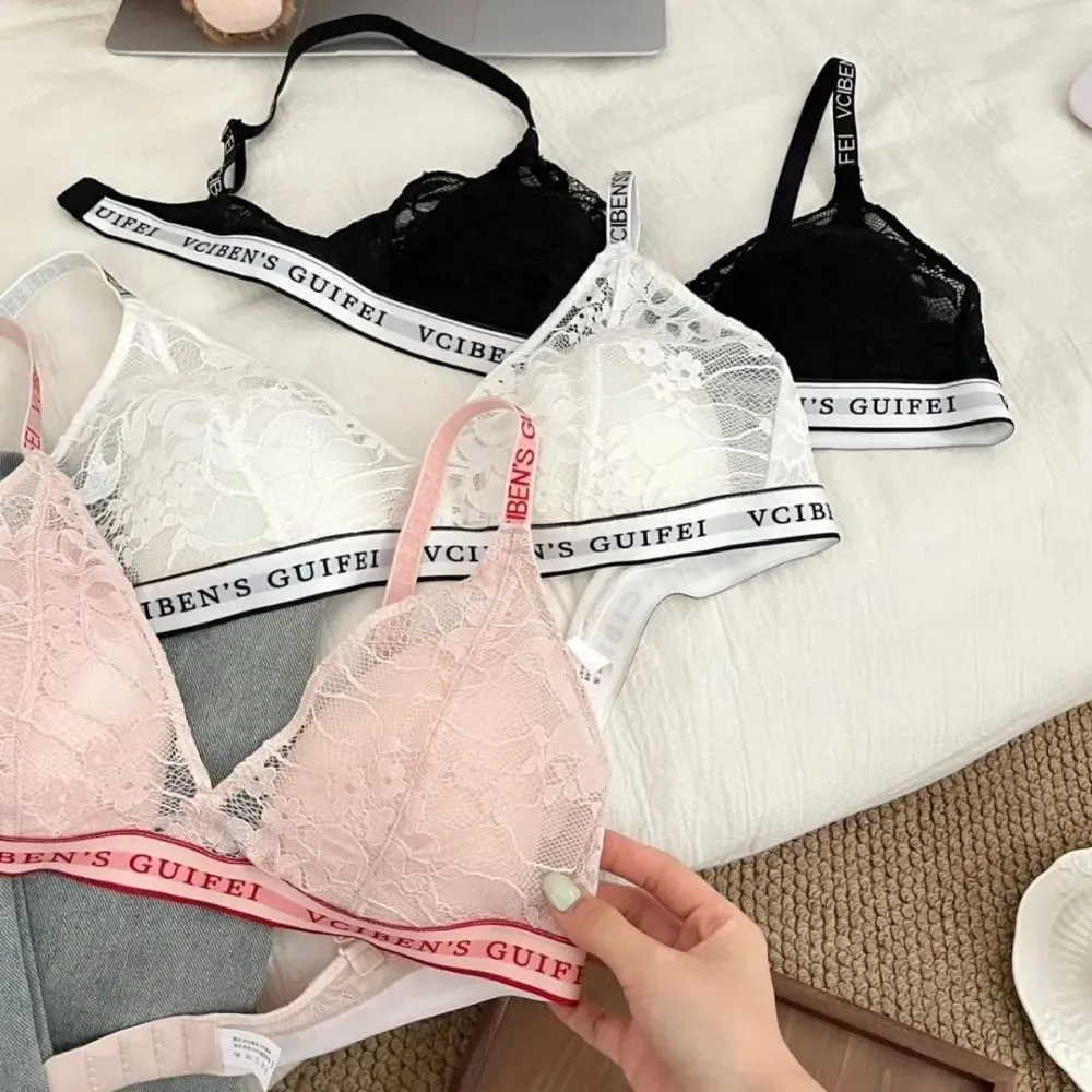 Breathable Letter Design Lingerie Set Deep V Wireless Women Underwear Suit Lace Color Blocking Bra Panties Set Daily — image 5