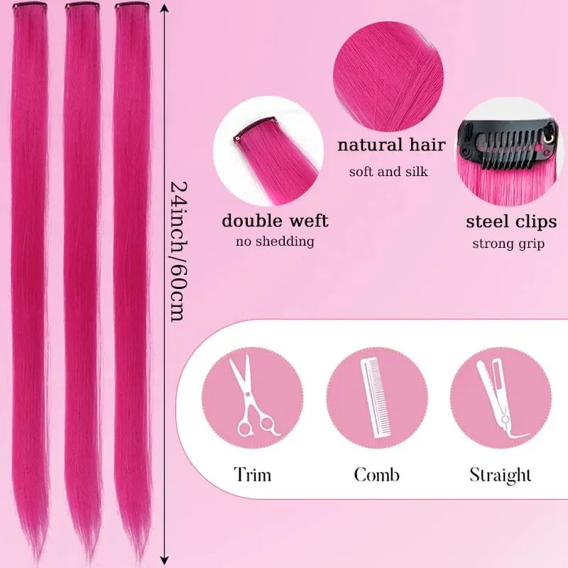 10Pcs Pink Clip in Hair Extensions Party Highlights Wig Synthetic Colored Straight Hairpiece for Girls Kids Christmas Party Use