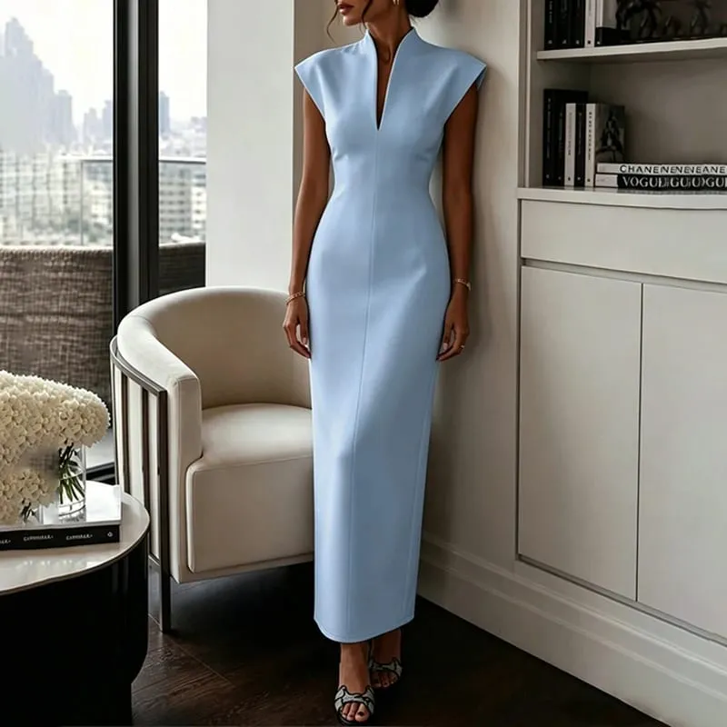 Solid Temperament Dress Women Sleeveless Slim V Neck High Waist Vestidos Elegant Formal Party Outfit Chic 2026 New Arrivals — image 9