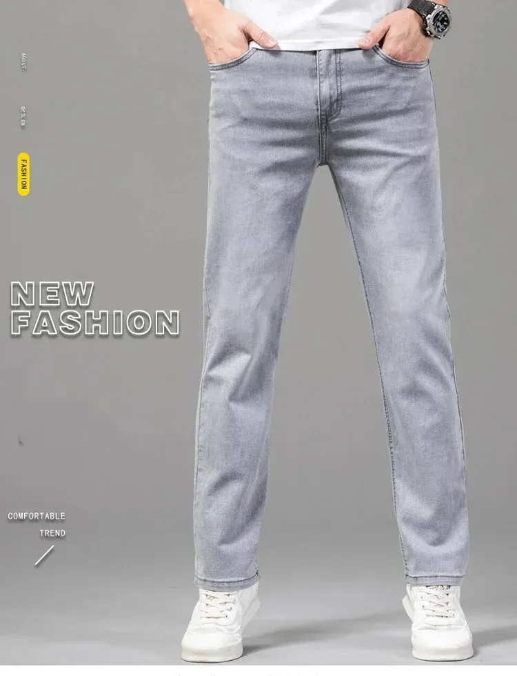 Celana Jeans Melar Katun Ringan Lurus Cocok untuk Pria Merek Musim Panas Celana Pria Jeans Abu-abu Muda Tipis Pinggang Tinggi Kasual Bisnis — image 8
