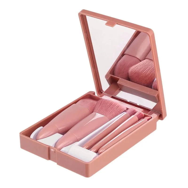 【B】5Pcs Makeup Brushes Set Mini Makeup Brushes Small Complete Function Cosmetic Brushes Kit With Case And Mirror