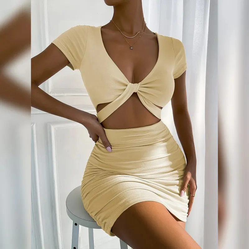 2022 Summer V Neck Hollow Out Cross Bodycon Dresses Women's Solid Backless Ruched Sexy Mini Dress Y2k Party Club Elegant Dresses