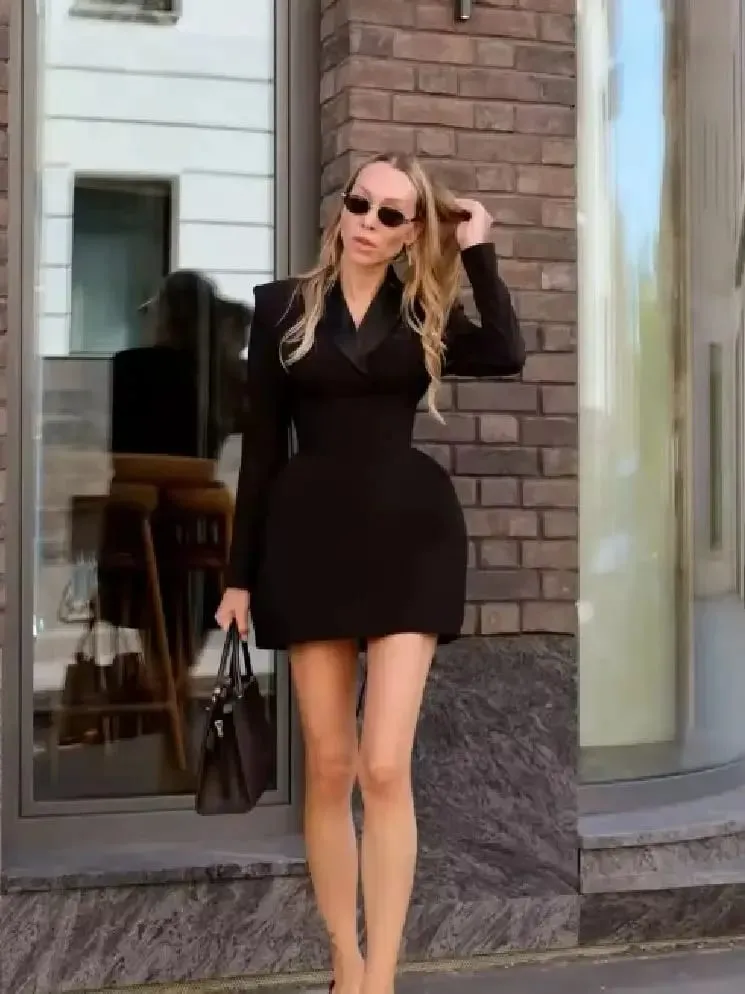 Women Black Cinched-waist Mini Dress Casual V-neck Elegant Shoulder Pads Long Sleeve Short vestido Lady Chic Party Street Gowns — image 1