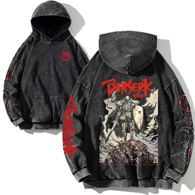 Support Custom Anime Berserk Graphic Hoodies Vintage Washed Oversized Hooded Cool Long Sleeves Cotton Hoodie Men Women Clothes