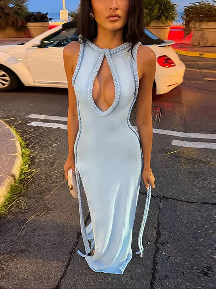 Halter Neck Knitted Women's Dress Braided Trim Cutout High Slit Solid Party Evening Maxi Dress For Women 2026 New Fashion — image 1