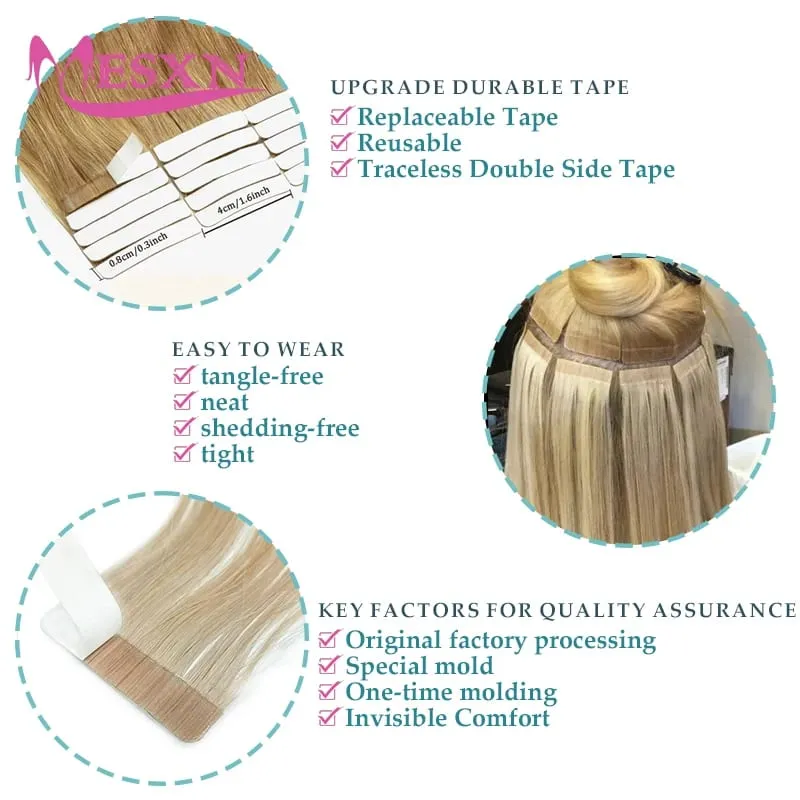 Tape In Hair Extensions 100% Really Human hair Extensions 16"-24" Black Brown Blonde Invisible Can dye For Salon