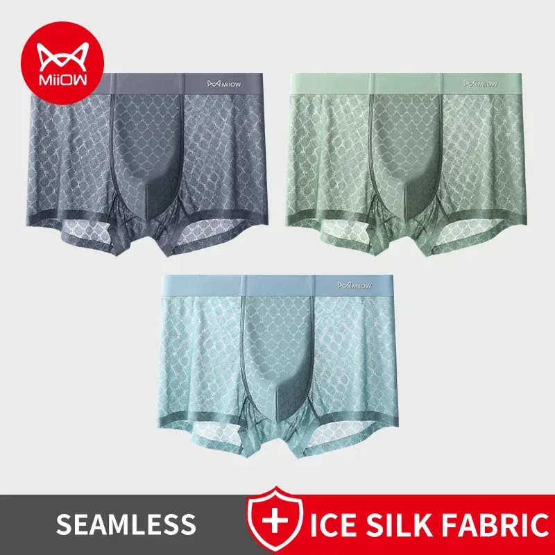 Miiow 3 pçs sem costura de seda gelo boxer roupa interior masculina verão malha respirável calcinha antibacteriana homem cuecas boxers