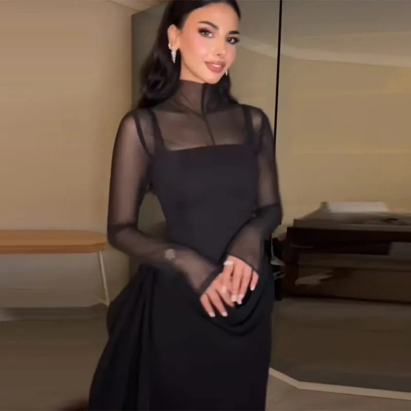 Stylish Lady Mesh See Long Sleeve Splicing Dress Elegant Evening Gown Women's 2026 New Luxury Boutique Club Party Dresses — image 3