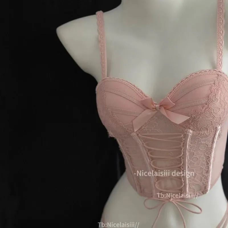 Bra Set Sweet Fishbone Halter Tank Top with Bra Pads Gathered Top Thin Bottom Thick Design Women's Lingerie Set