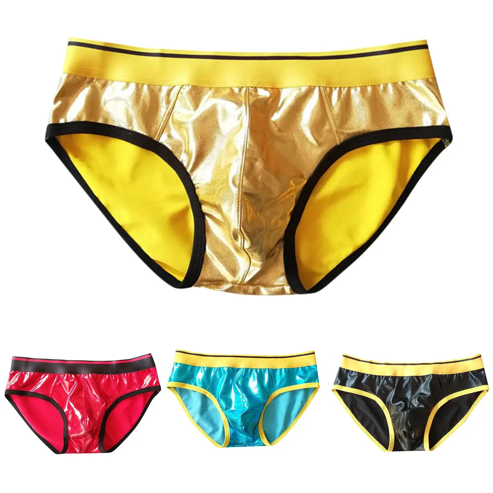 Calças triangulares masculinas de couro falso sexy reflexivo ouro diversão roupa interior elástica calças apertadas legal cueca homem japonês