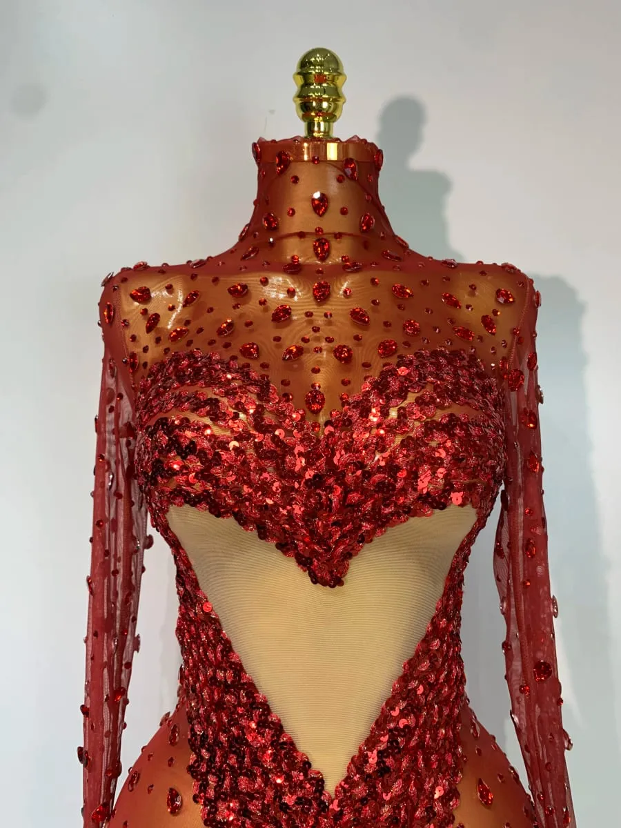 High Quality Rhinestone Sequin Sexy See Through Mesh Mini Dress Women Evening Party Nightclub Singer Stage PerformanceCostume — image 5