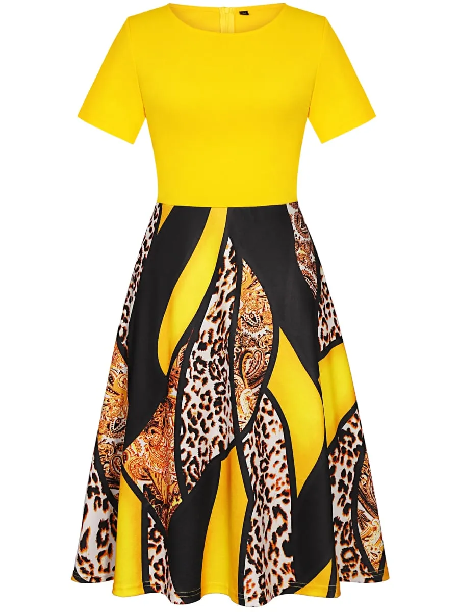 Womens Short Sleeve Elegant Floral Work Office A-Line Patchwork Midi Casual Party Slim Fit And Flare Swing A-Line Dress — image 3