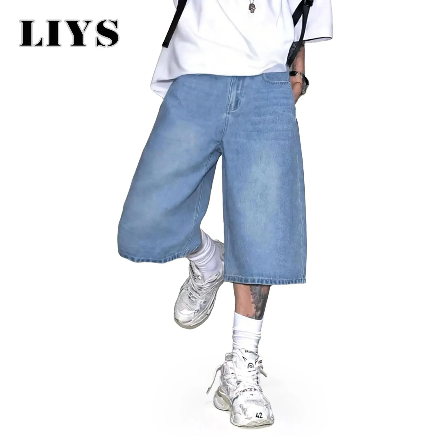 Men's Simple Light Blue Retro Ultra Baggy Wide-Leg Denim Shorts Student Youth Street Casual Oversized Baggy Jeans Unisex — image 2