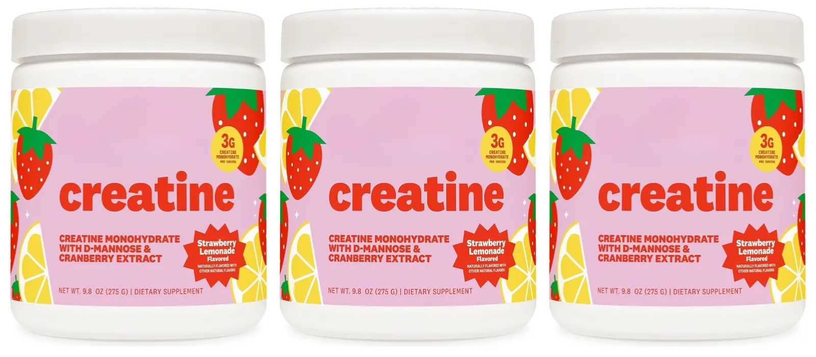 Creatine Monohydrate Powder Supplement 3g Serving Vegan Formula Strawberry Lemonade Flavor Zero Sugar for Active Lifestyle