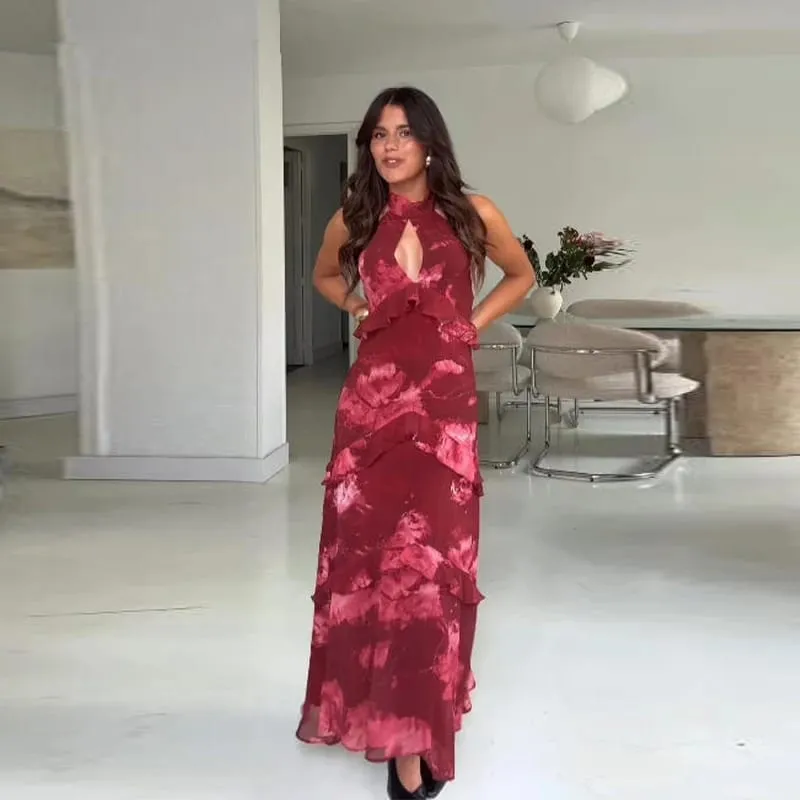 Hollow-out Halter Maxi Dresses Women Sleeveless Backless Waist-cinching Ruffles Dress 2026 New Ladies Summer Party Evening Robe