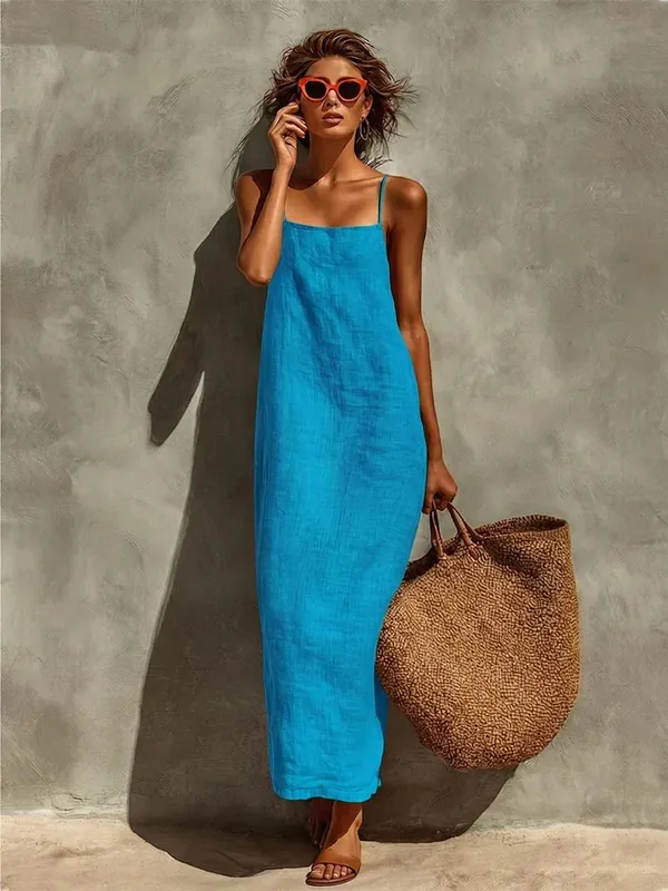 Summer Women Solid Color Casual Comfortable Slip Sundress Sand Beachwear Backless Sleeveless Loose Maxi Long Vacation Dresses