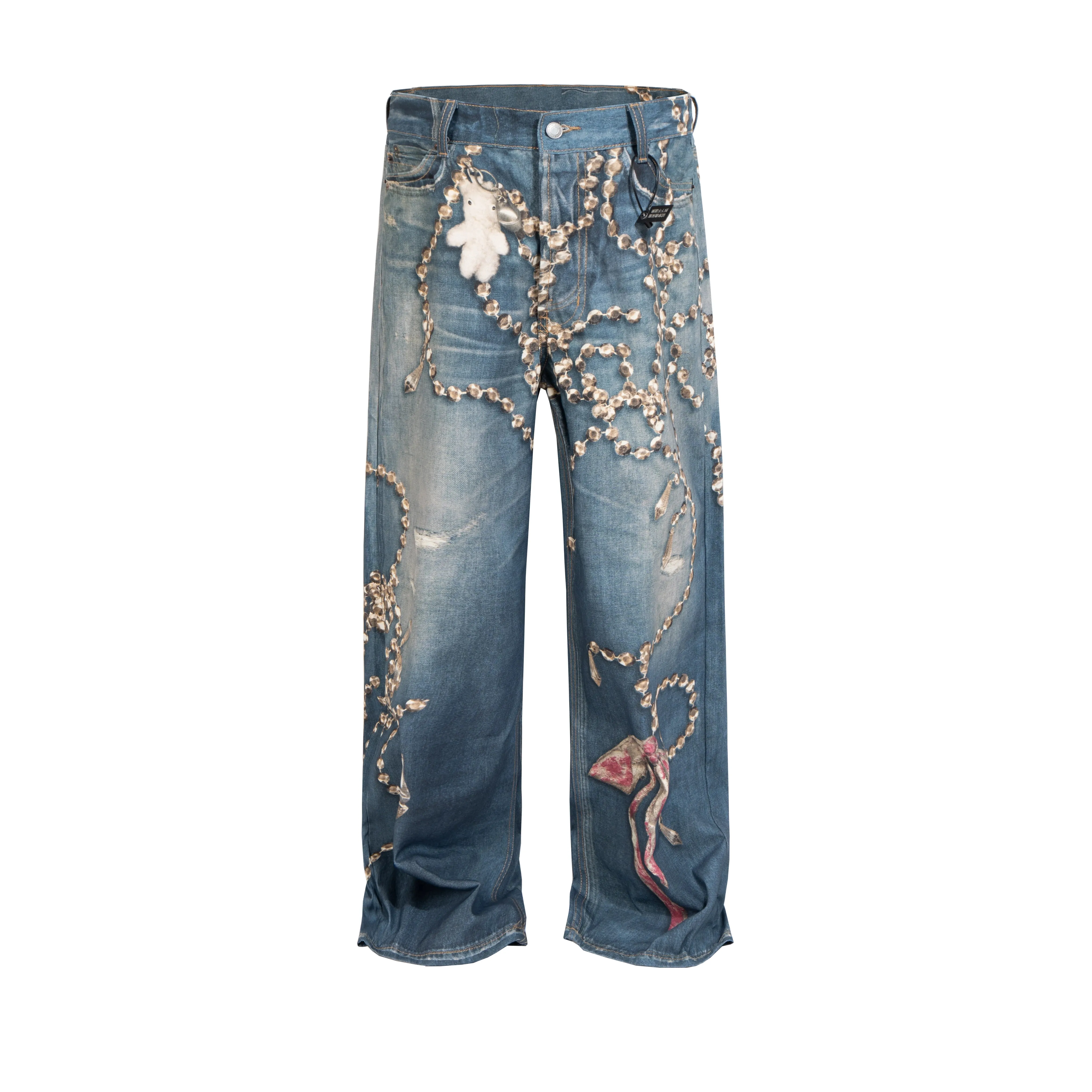 Fake Two Pieces 3D Print Patchwork Baggy Jeans for Men and Women Straight Casual Loose Denim Trousers Oversized — image 2