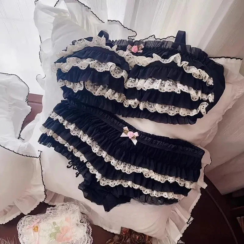 Japonês doce lolita estilo sutiã calcinha lingerie conjunto feminino sexy floral rendas babados briefs kawaii roupa interior calcinha conjuntos