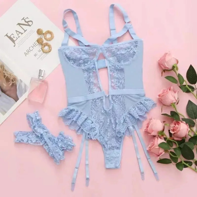 2pcs Red Floral Lace Garter Lingerie Set Women's Underwire Bra Choker Thongs Intimate Ladies Underwear Set