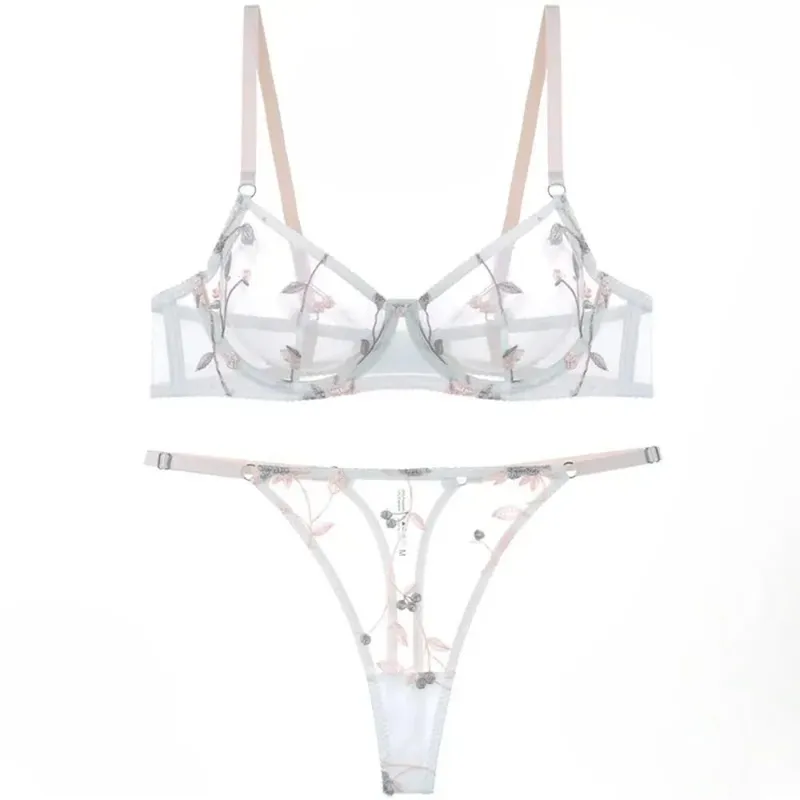 Best Seller Sexy Transparent Mesh Embroidery Lingerie Suit Ultra‑Thin Sheer Bra & Thong Panties Comfort Women Underwear 32‑38AB
