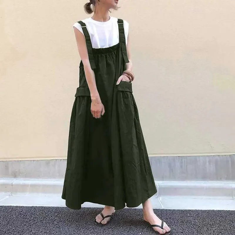 Women Fashion Suspender Dress With Long Straps Large Pockets And Over The Knee Pocket Straps Midi Dresses For Women Robe Femme