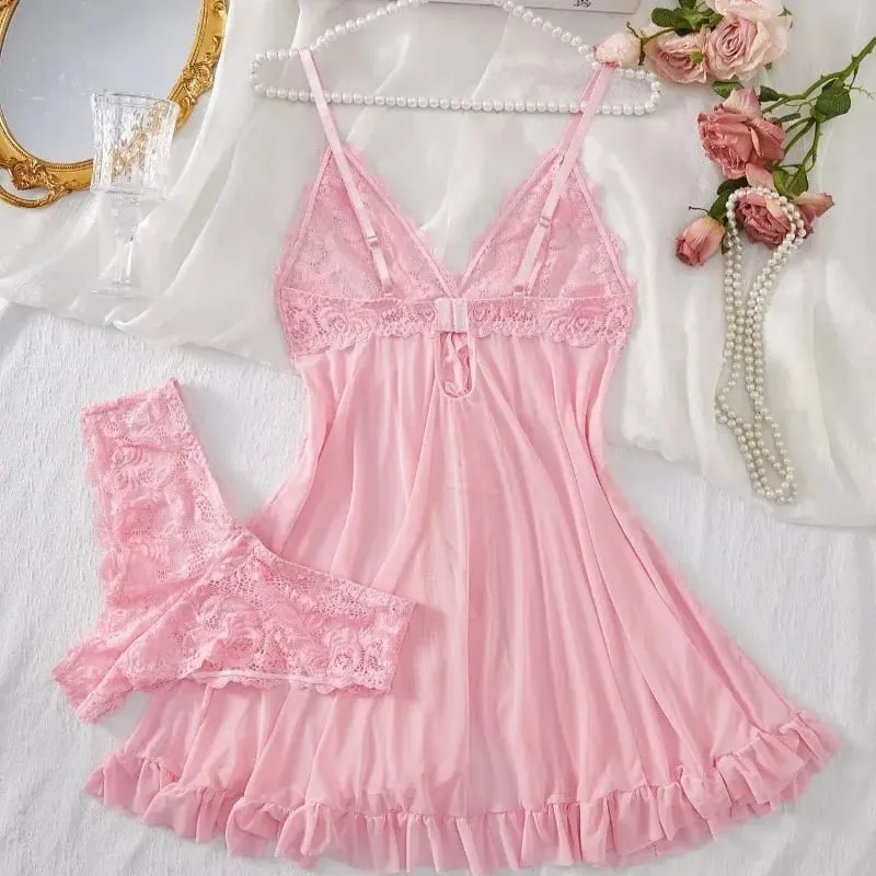 Women's Sexy Lace V-Neck Babydoll Lingerie Set 2 Piece Soft Nightdress with Panty Sleepwear for Honeymoon S-XL — image 3