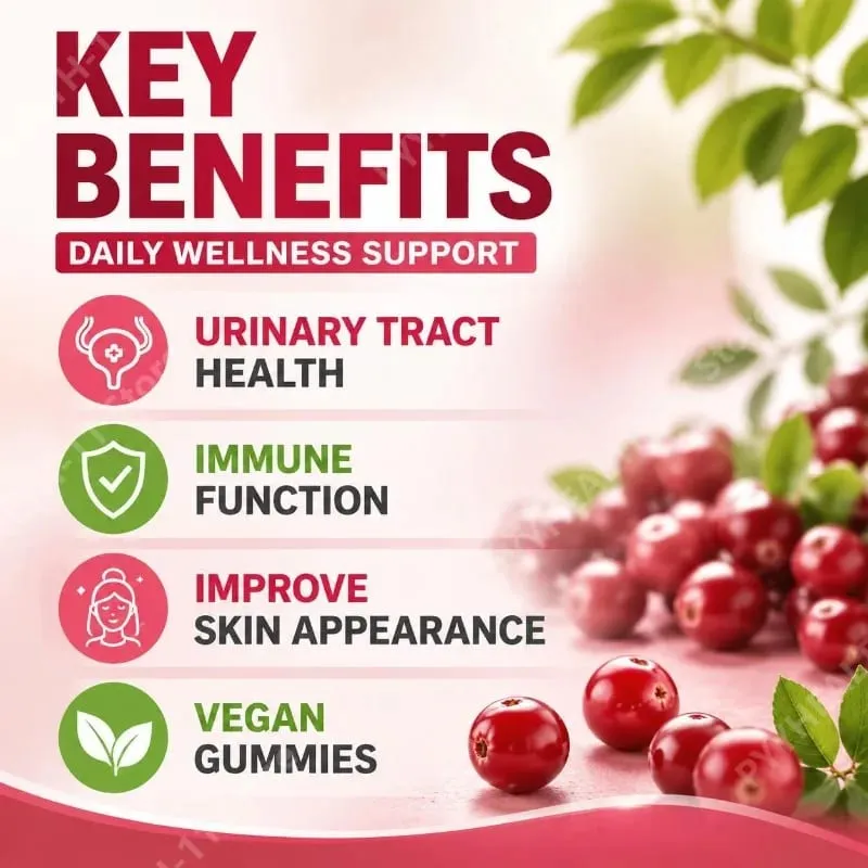 Cranberry Gummies for Urinary Tract Health Support with Vitamin C 40 Mg and Vitamin E 2.7 Mg 60 Gummies