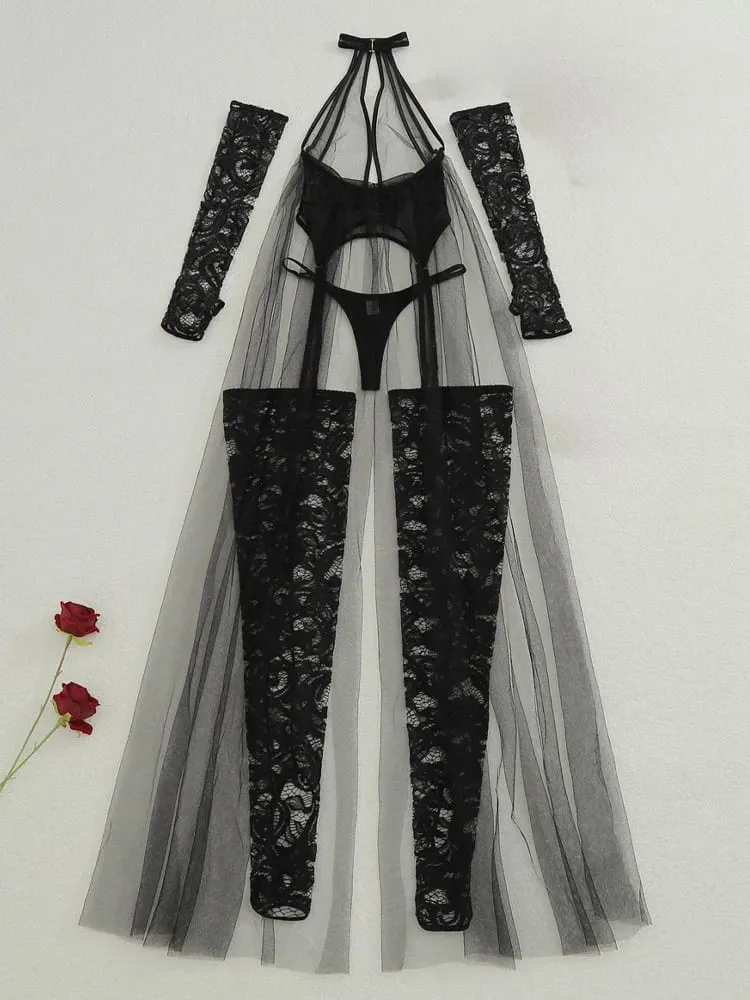 Women Sheer Mesh Cape Splicing Shapewear Lingerie 4 Piece Lace Arm Cuffs Sexy Push Up Underwear Outfit Nightclub Bar Costume