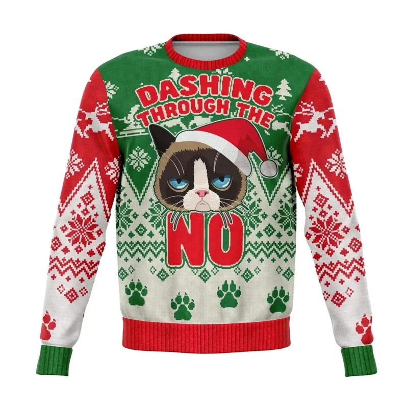 Colorful Dog Cat Pattern Ugly Christmas Sweater For Men 2026 New Year Festival Hoodie Women Merry Christmas Crew Neck Sweatshirt