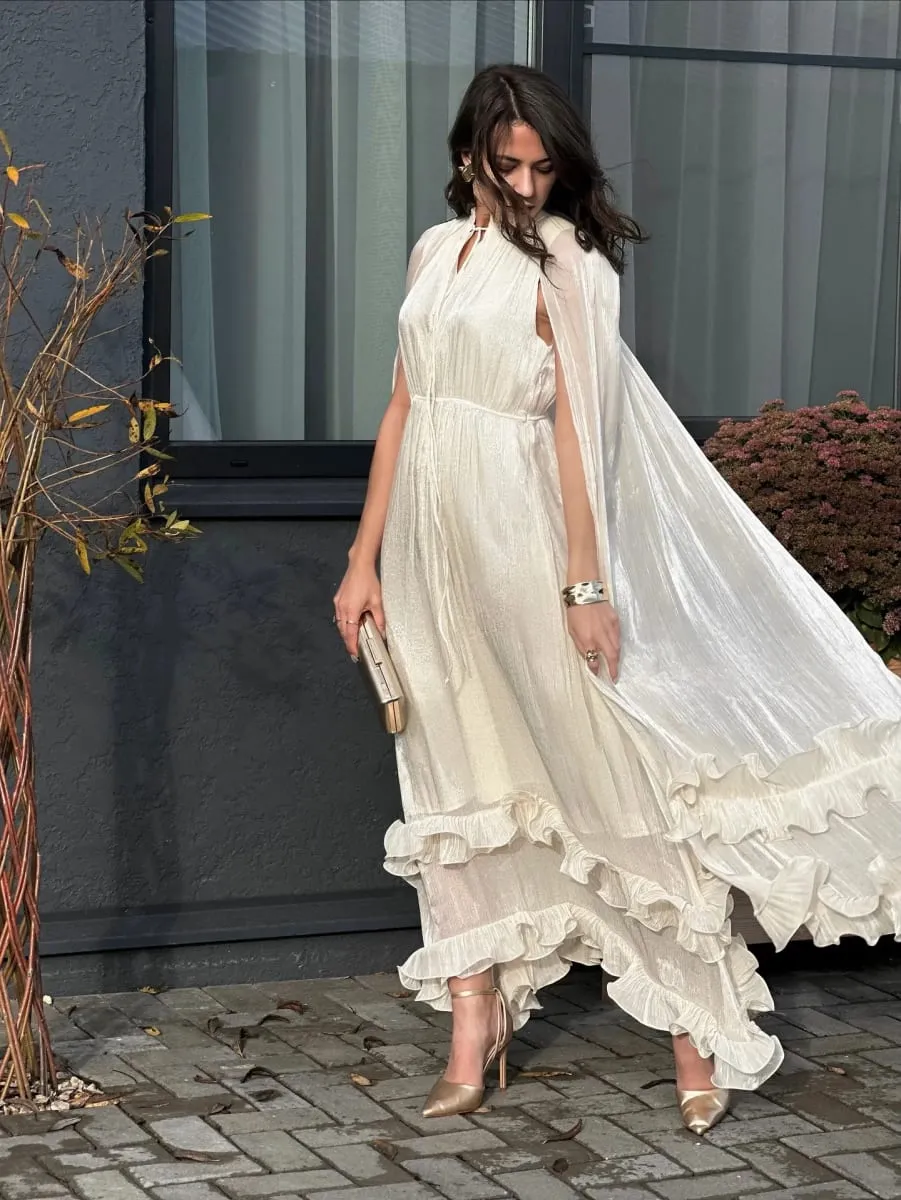 Stunning Shiny Ruffles Lace Up Mini Dress Chic Loose Hollow Out A-line Pleated Vestidos Lady Summer Party Gowns 2026 Spring New