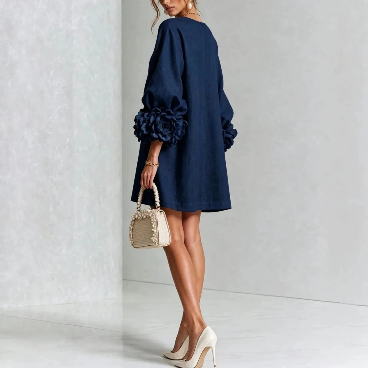 Women Spring Autumn 3D Flower Long Lantern Sleeve Cotton Linen Mini Dress Solid Crew Neck Loose Elegant Daily Wear Short Dress — image 5