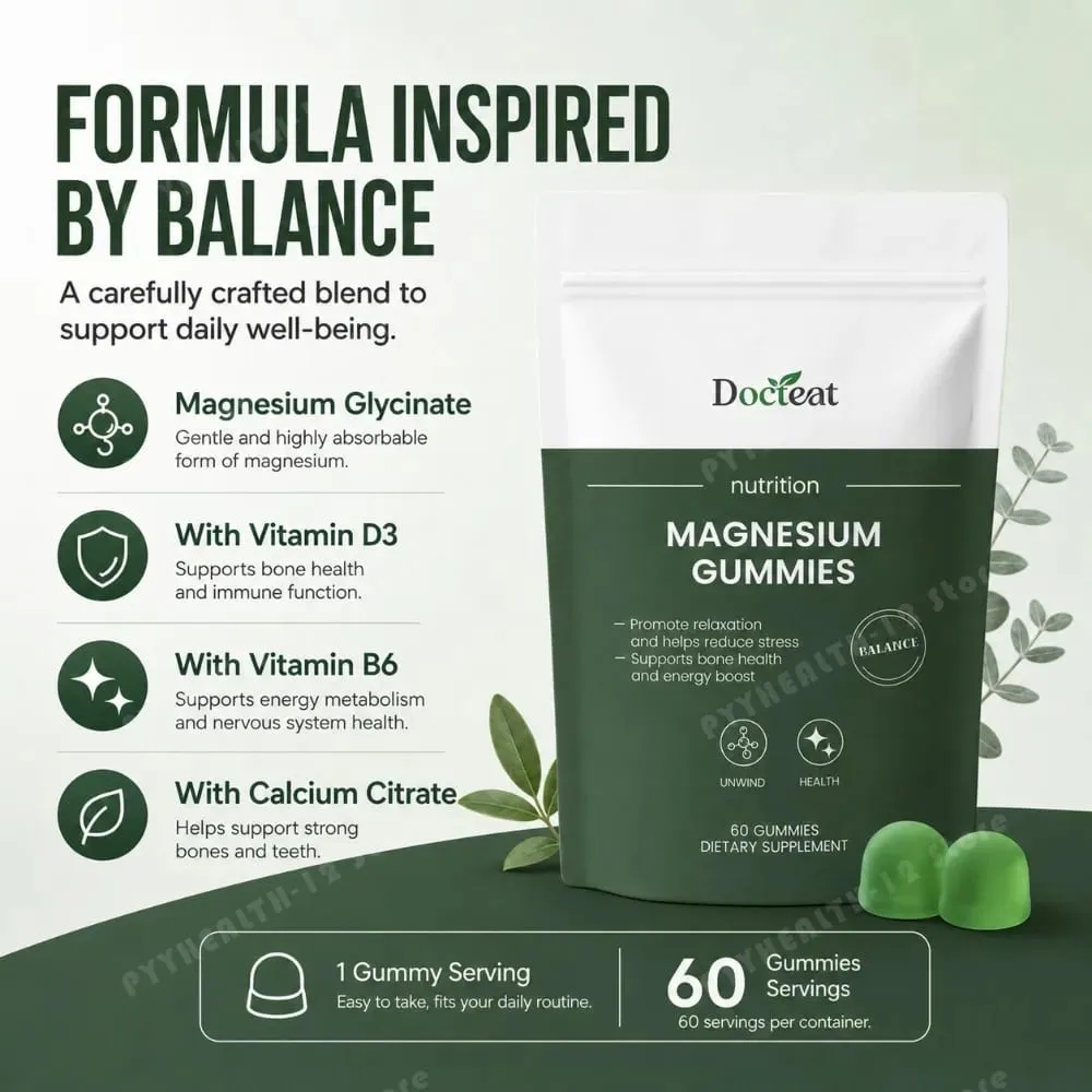 Docteat Magnesium Glycinate Gummies 500mg for Sleep & Stress Relief Bone Health with Vitamin D3 Calcium Citrate & B6 60 Count — image 4