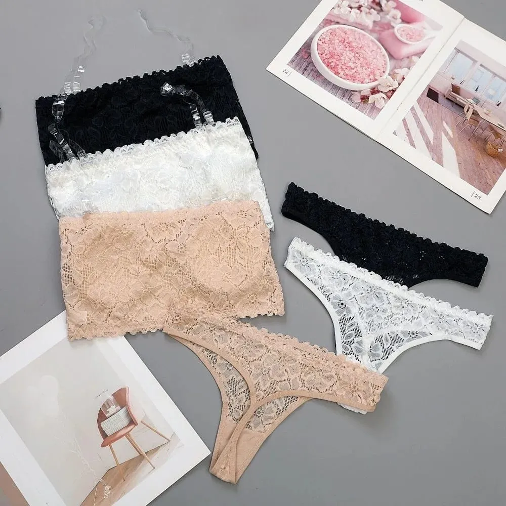 Lace Sheer Flower Thong Bra Set Invisible Straps Embroidery Floral Panties Bra Kit Lingerie Hollow Underwear for Women Ladies
