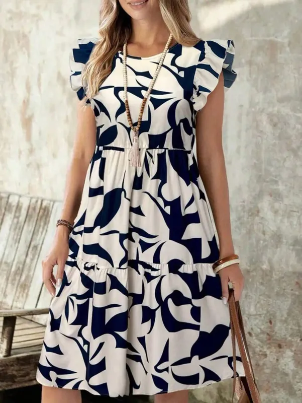 Womens Navy Blue Abstract Print Ruffle Sleeve Tiered Midi Dress Round Neck A Line Summer Casual Dress