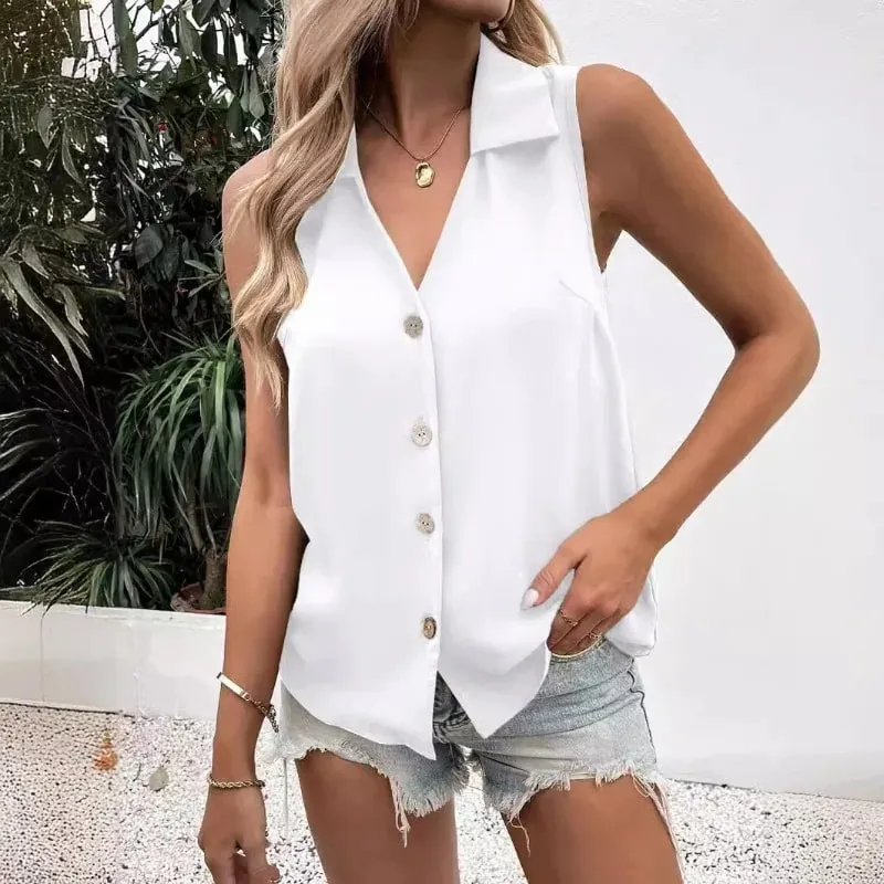 Women's V-Neck Button Chiffon Blouse Summer Lightweight Loose Casual Sleeveless Top Office Lady Solid Color Basic Vest — image 2