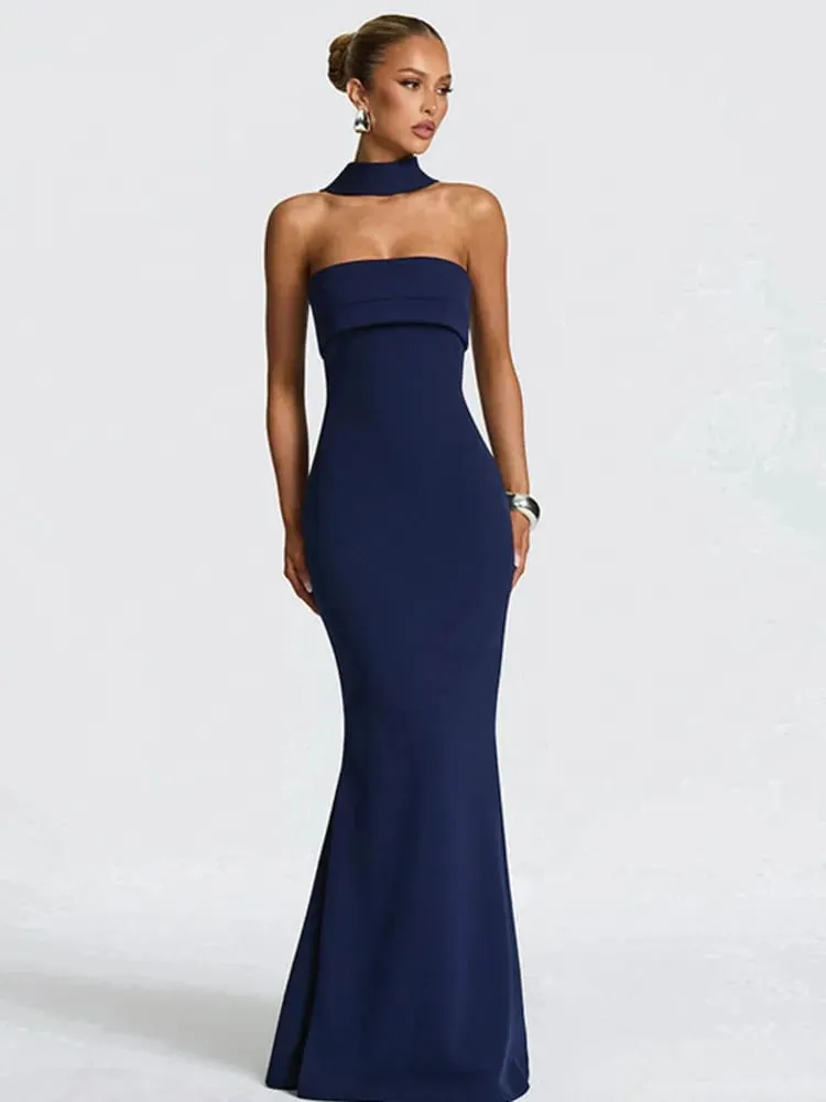 Mozision Off-shoulder Strapless Sexy Maxi Dress Women Gown Scarf Collar Sleeveless Backless Bodycon Club Party Evening Dresses