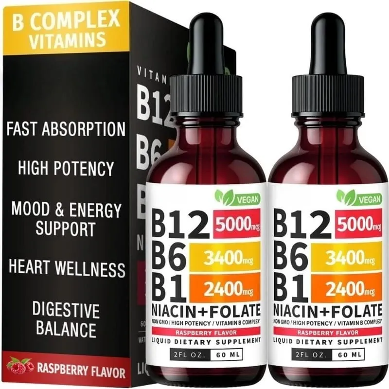B12 B6 B1 Niacin Folate Liquid Sublingual Vegan B-Complex Drops for Daily Energy and Focus Support Raspberry for Men Women 60 ML