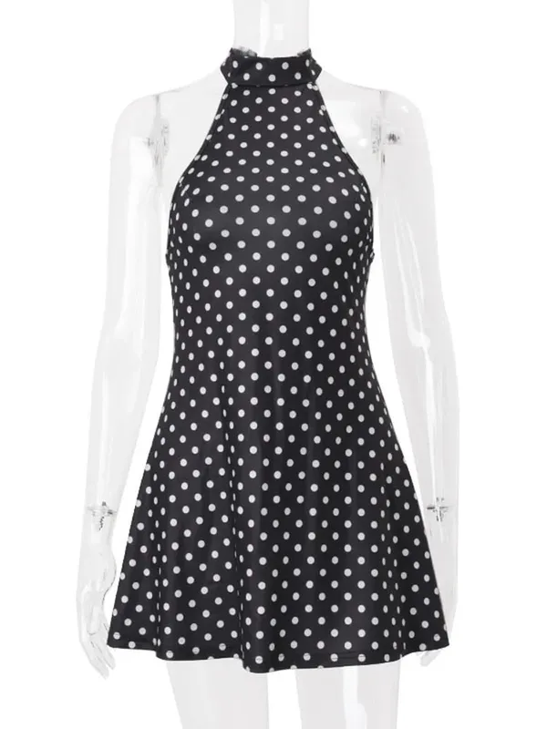Chic Backless Polka Dot Halter Dress Women's Sleeveless Off Shoulder Lace Up Mini Vestidos 2026 Summer Lady Holiday Party Robe
