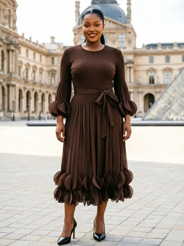 Niche Women's Pleated Dress Fashion Solid Color Elegant Round Embellishments Patchwork Design Famale Clothing 2DB8043 — image 8