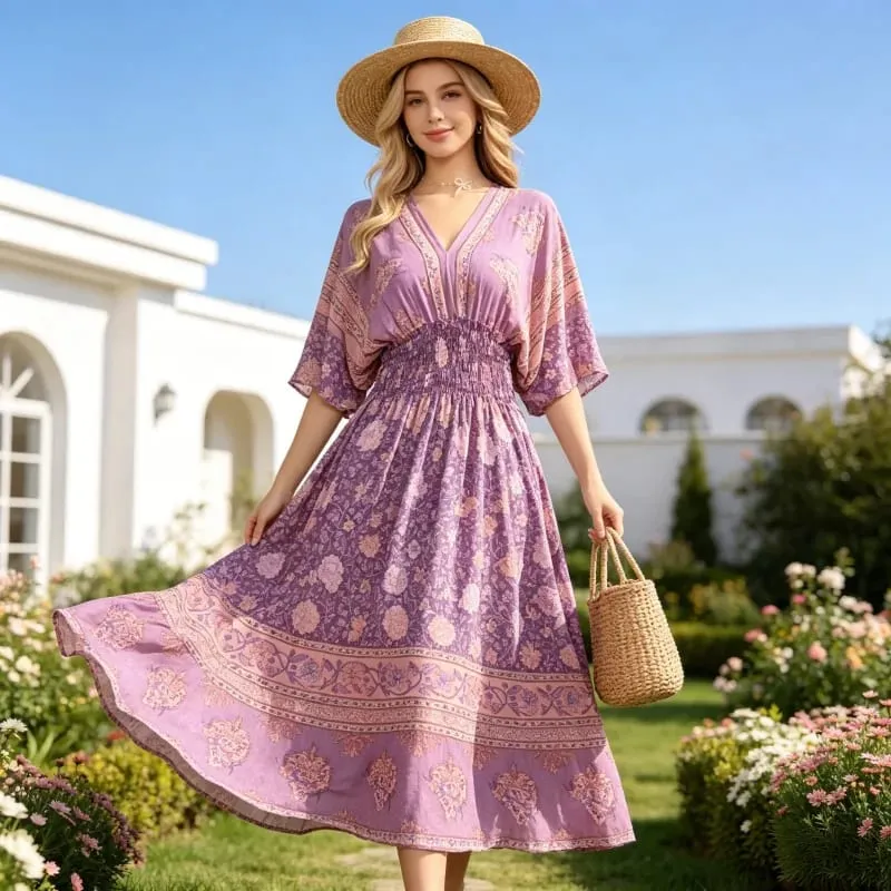 Boho Holiday Women V-Neck Batswing Short Sleeve A-Line Midi Dresses Slim Elastic Waist Casual Vintage Office Lady Elegance Dress — image 31