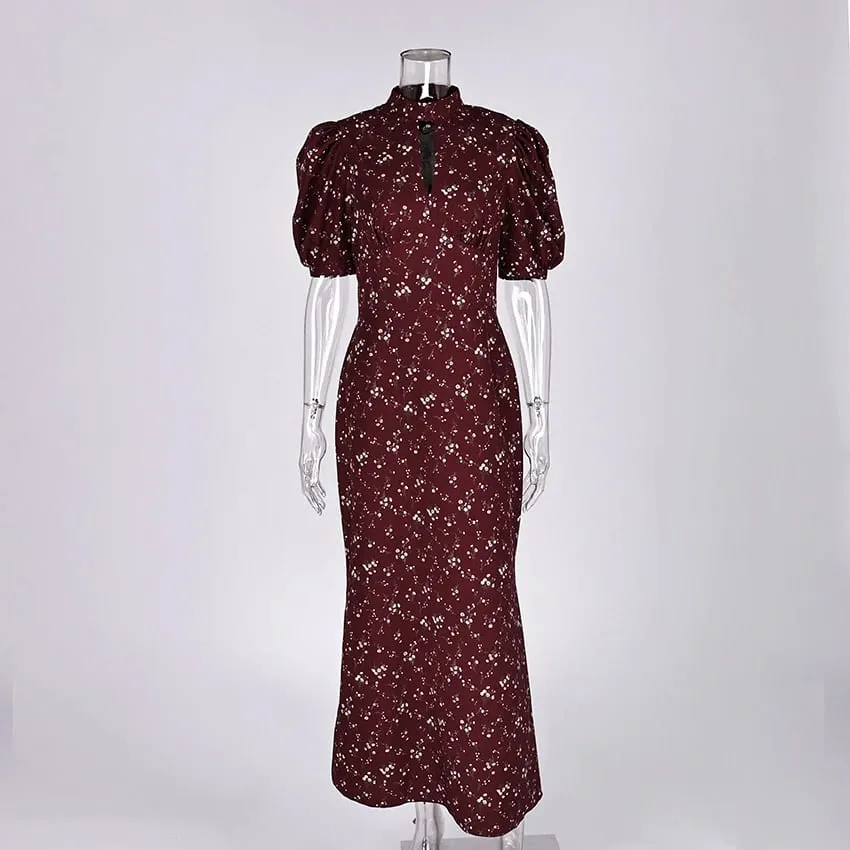 Linad Spring Elegant Print Long Dress Vintage High Waist Puff Sleeve Dresses Lady Casual Chiffon Turtleneck Dress For Women 2026