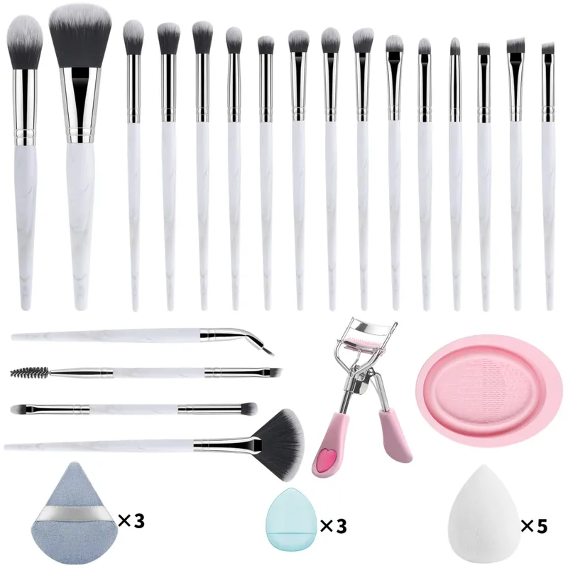 33Pcs Makeup Tool Kit 20 Makeup Brushes With Powder Puff Cleaning Bowl Eyelash Curler Full Face Eye Makeup Set